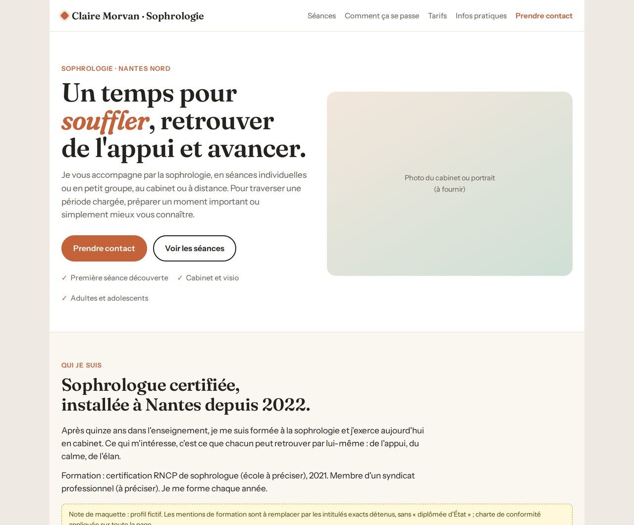 Site d'une page d'une sophrologue, vue ordinateur (profil fictif)