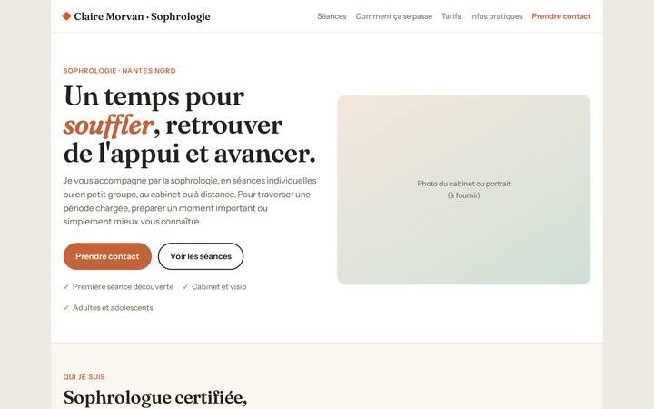 Aperçu : site chaleureux d'une sophrologue (profil fictif)
