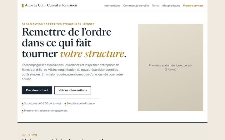 Aperçu : site éditorial d'une consultante en organisation (profil fictif)